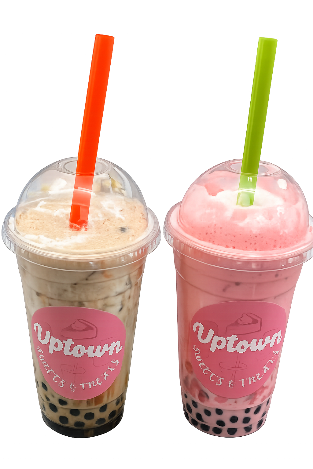Specialty boba glowing in the case at Uptown Sweets & Treats